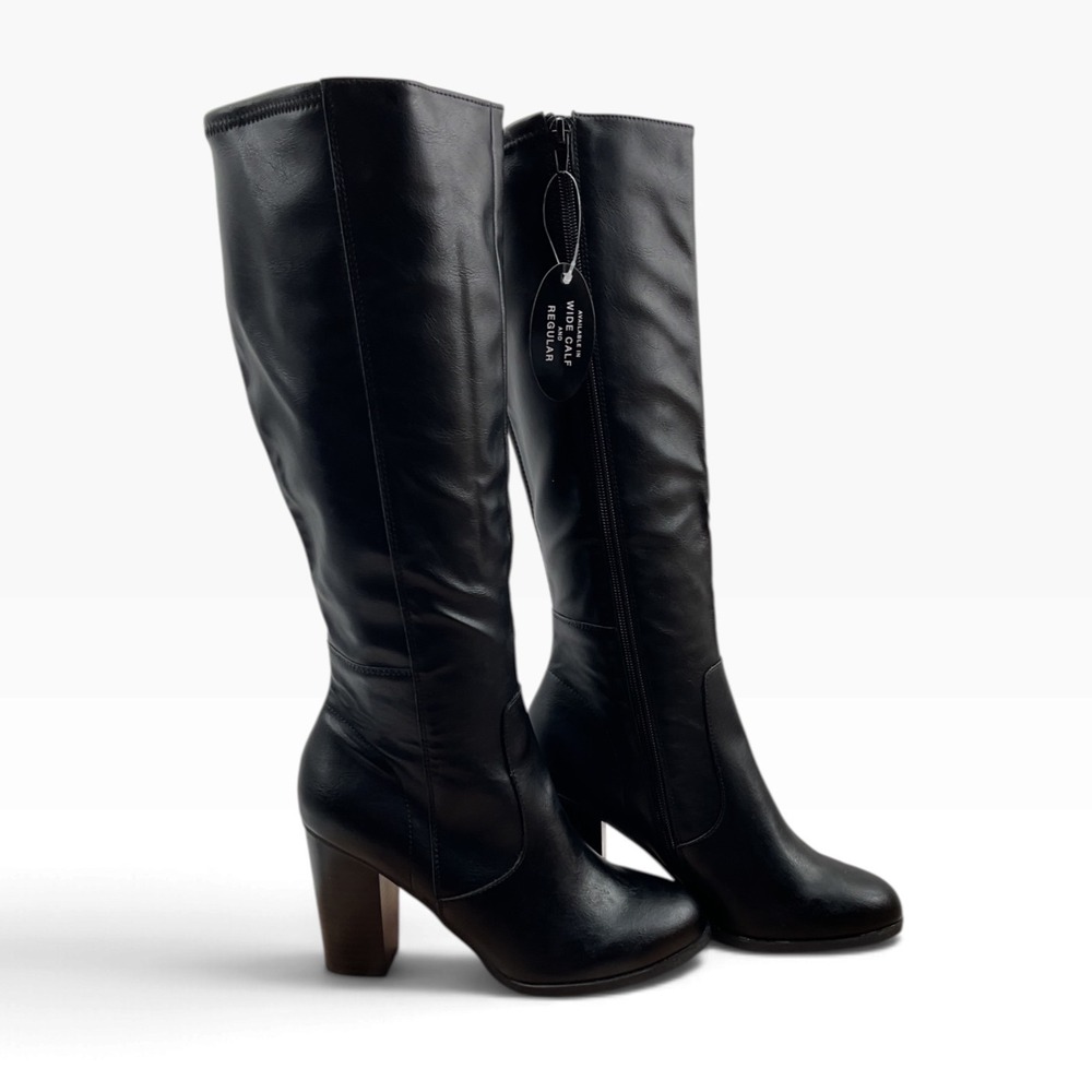 Style & Co Womens Black Faux Leather Wide Calf Knee High Block Heel Boots Size 7
